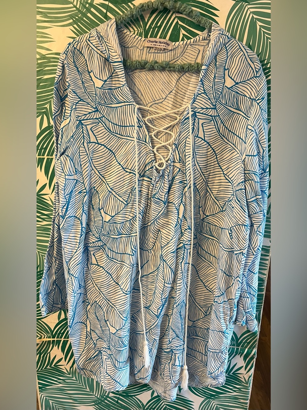 Charlie Holiday Blue and White Leaf Lace-Up Coverup Tunic XL